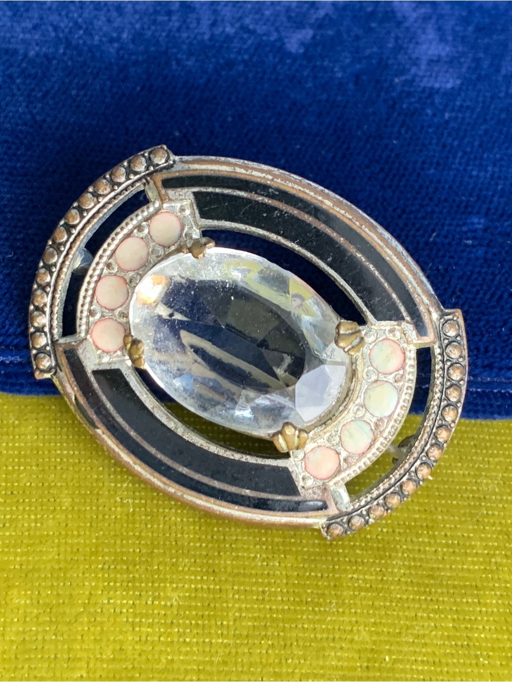 Antique Art Deco Clear Crystal and Black Enamel Oval Brooch
